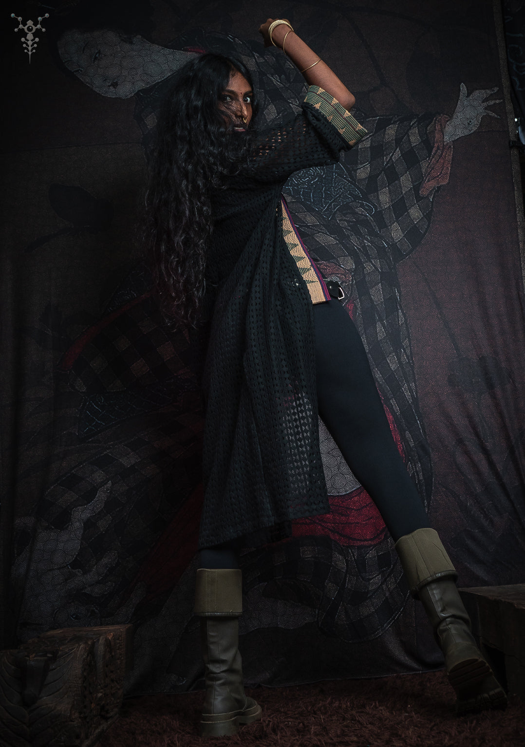 Open Kimono / Net Jaquard Border - Black NAGALAND